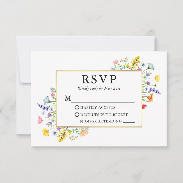 Watercolor Wildflowers Gold Frame Wedding RSVP Card (Front)