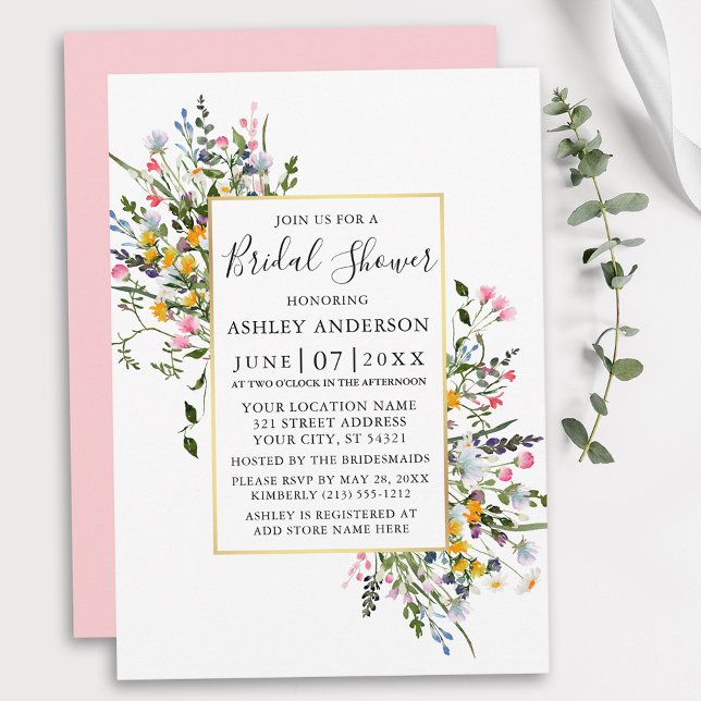Watercolor Wildflowers Gold Pink Blush Shower Invitation (Customize to change color of back of card.)