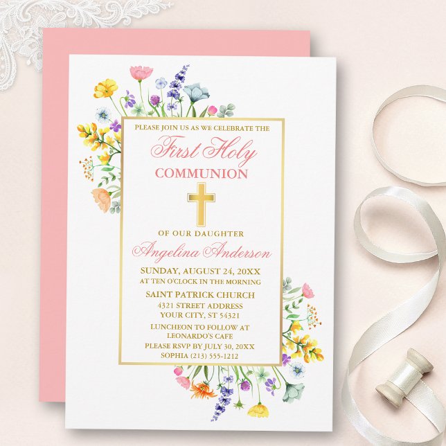 Watercolor Wildflowers Gold Pink First Communion Invitation (Customize to change text color, text style or color of back of card.)