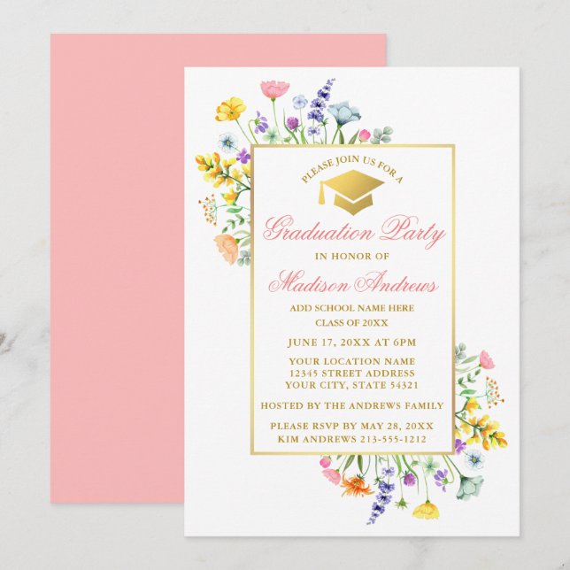 Watercolor Wildflowers Gold Pink Graduation Party Invitation (Front/Back)