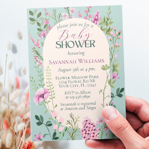Watercolor Wildflowers Green Purple Baby Shower Invitation