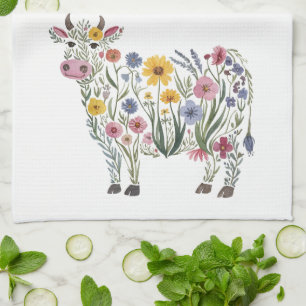 Watercolor Wildflowers in the shape of a Cute Cow Tea Towel