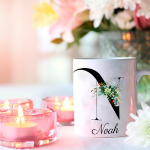 Watercolor wildflowers initial monogram coffee mug