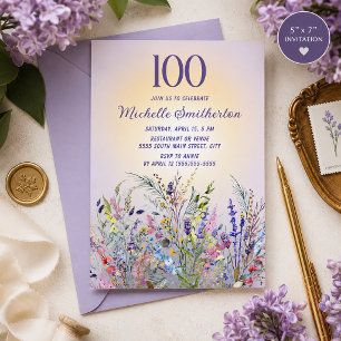 Watercolor Wildflowers Lavender 100th Birthday Invitation