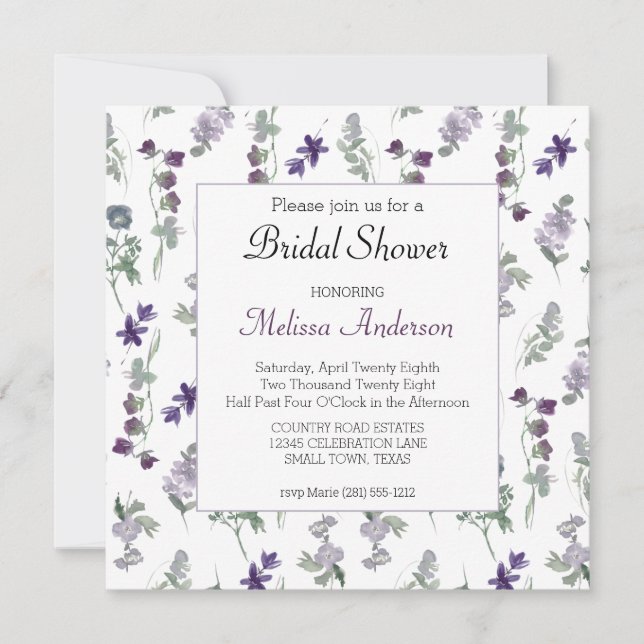 Watercolor Wildflowers Lavender Bridal Shower (Front)