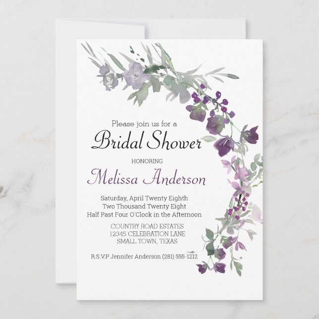 Watercolor Wildflowers Lavender Bridal Shower Invitation (Front)