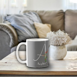 Watercolor wildflowers letter A grey coffee mug