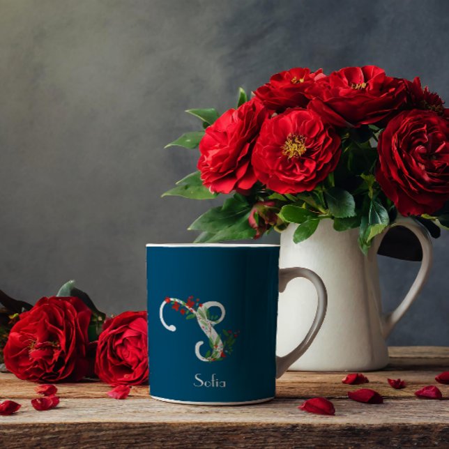 Watercolor wildflowers letter blue coffee mug (Creator Uploaded)