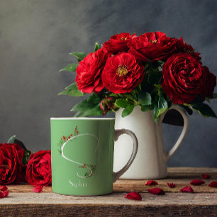 Watercolor wildflowers letter S green coffee mug