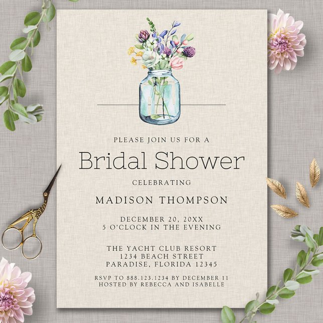 Watercolor Wildflowers Linen Boho Bridal Shower Invitation (Creator Uploaded)