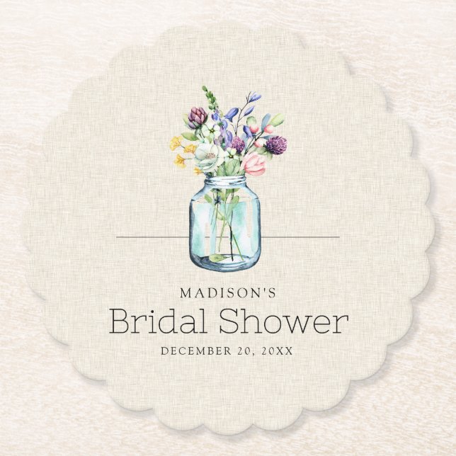 Watercolor Wildflowers Linen Boho Bridal Shower Paper Coaster (Front)