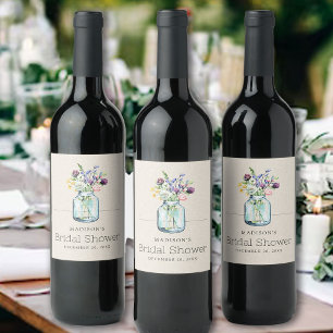 Watercolor Wildflowers Linen Boho Bridal Shower Wine Label