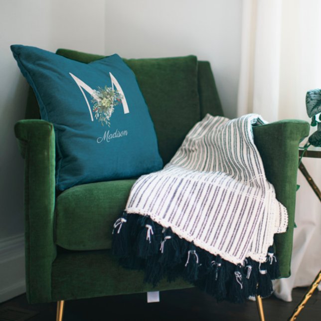 Watercolor wildflowers monogram  blue cushion (Creator Uploaded)