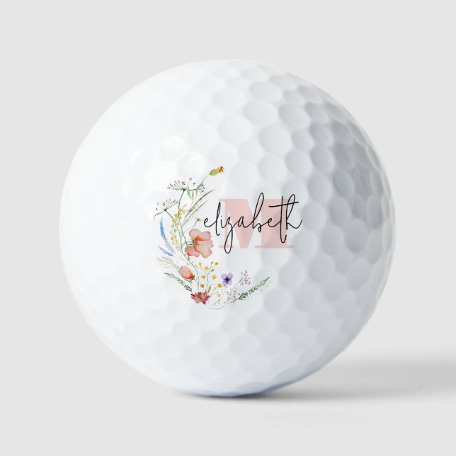 Watercolor Wildflowers Monogram Golf Balls (Front)