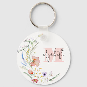 Watercolor Wildflowers Monogram Key Ring