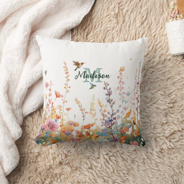 Watercolor Wildflowers Monogram Personalized Name Cushion (Blanket)