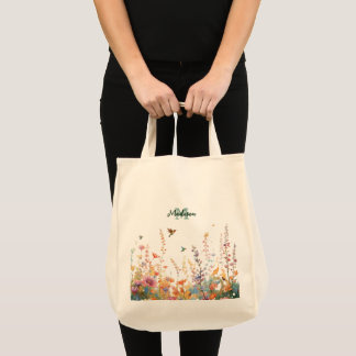 Watercolor Wildflowers Monogram Personalized Name Tote Bag