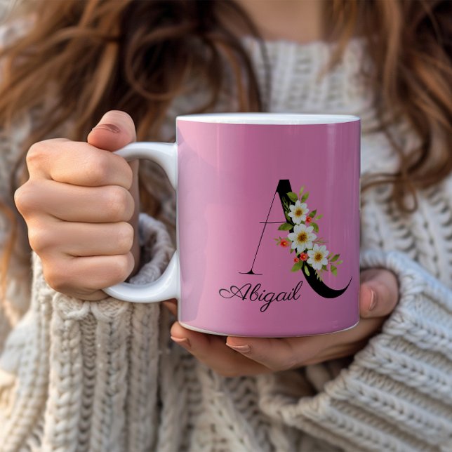 Watercolor wildflowers monogram pink coffee mug (Creator Uploaded)