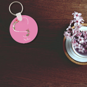 Watercolor wildflowers monogram pink key ring