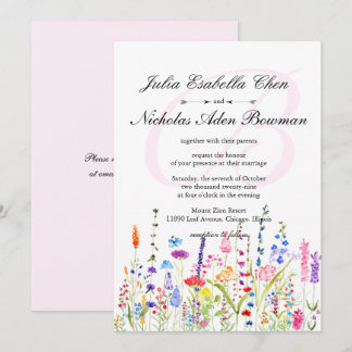 Watercolor Wildflowers Monogram Spring Wedding Invitation
