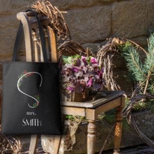 Watercolor wildflowers monogram white red black tote bag