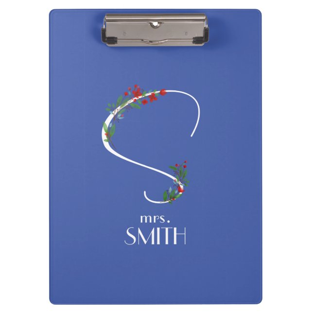 Watercolor wildflowers monogram white red blue clipboard (Front)