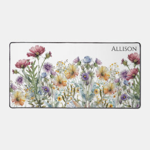 Watercolor Wildflowers Monogram yellow pink purple Desk Mat