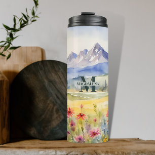 Watercolor Wildflowers & Mountains Monogram Name Thermal Tumbler