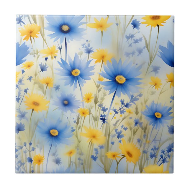 Watercolor Wildflowers On Cornflower Blue Tile (Front)