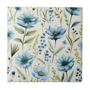 Watercolor Wildflowers on Light Blue Tile