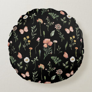 Watercolor Wildflowers Pattern Round Cushion