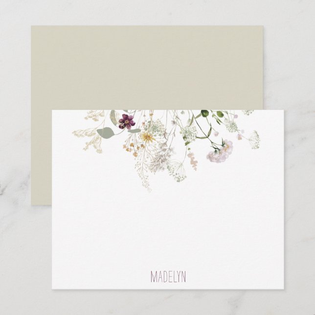 Watercolor Wildflowers Personalised Flat Note Card (Front/Back)
