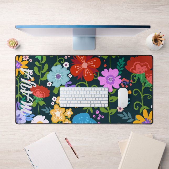 Watercolor Wildflowers Personalised Script Name De Desk Mat (Office 1)