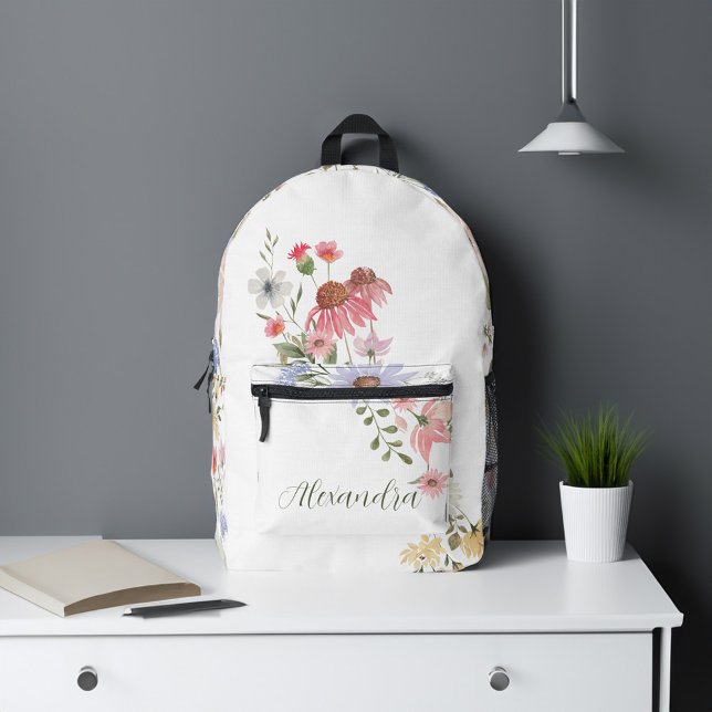 Watercolor Wildflowers Personalised Script Name Printed Backpack (Watercolor Wildflowers Personalized Script Name Printed Backpack)