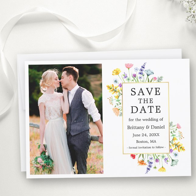 Watercolor Wildflowers Photo Gold Frame Save The Date (Customize to change text size, color, style or add more text to back of card.)