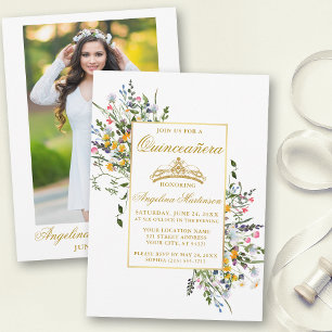 Watercolor Wildflowers Photo Gold Quinceanera Invitation
