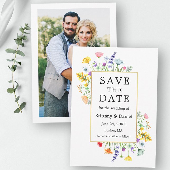 Watercolor Wildflowers Photo Gold Save The Date (Customize to change text size, color or style.)