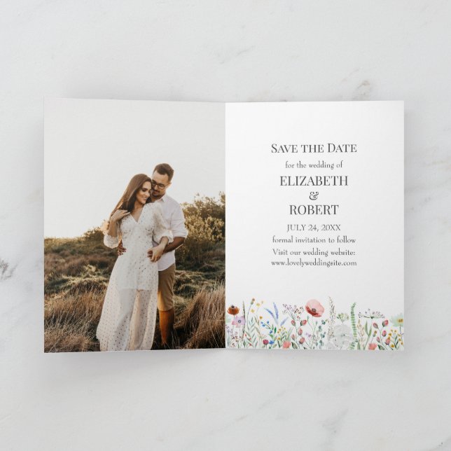 Watercolor Wildflowers Photo Save The Date Card (Inside)