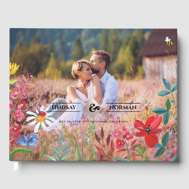 Watercolor Wildflowers Photo Wedding  Guest Book (Front)