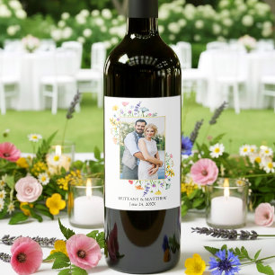 Watercolor Wildflowers Photo Wedding Wine Label