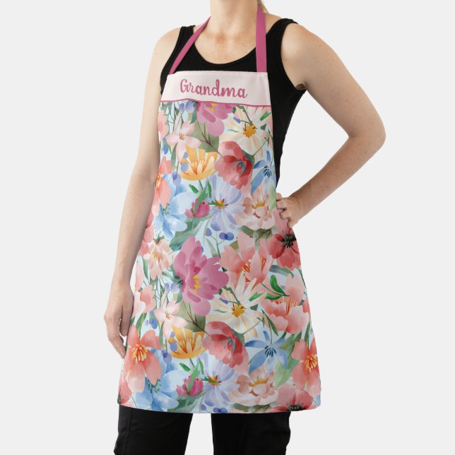Watercolor Wildflowers Pink Blue Design Apron (Insitu)