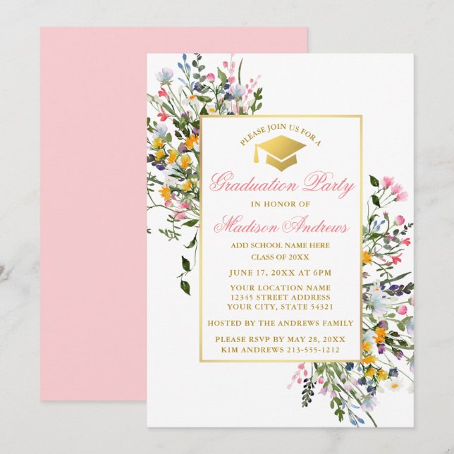Watercolor Wildflowers Pink Blush Gold Graduation Invitation (Front/Back)