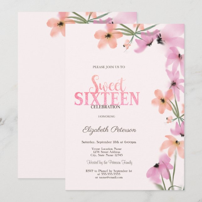 Watercolor Wildflowers Pink Boho Flowers Sweet 16 Invitation (Front/Back)