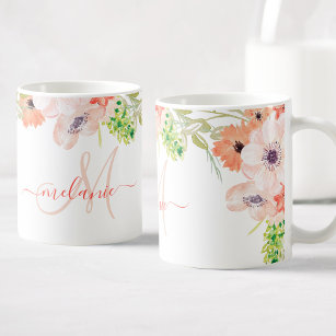 Watercolor Wildflowers Pink Custom Monogram Name Coffee Mug