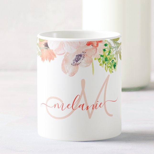 Watercolor Wildflowers Pink Custom Monogrammed Coffee Mug (Creator Uploaded)