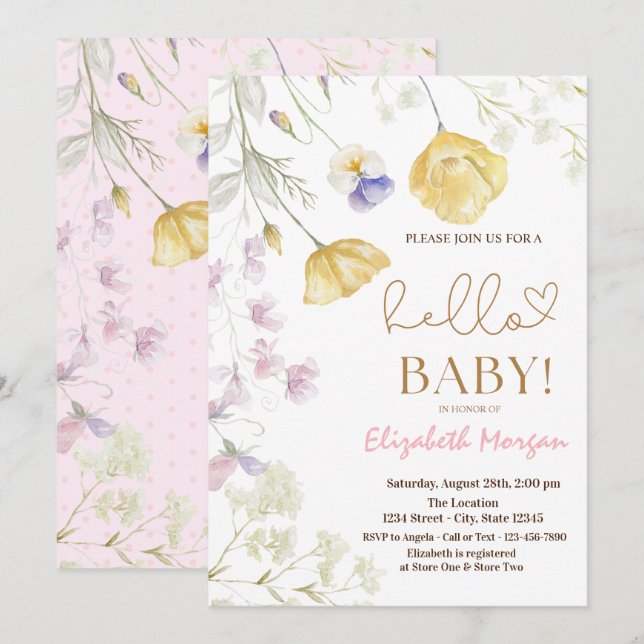 Watercolor Wildflowers Pink Dots Baby Shower  Invitation (Front/Back)