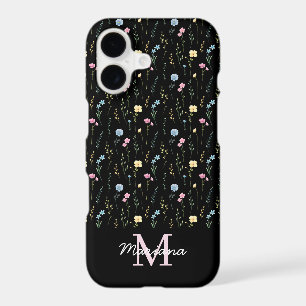 watercolor wildflowers pink monogram black chic