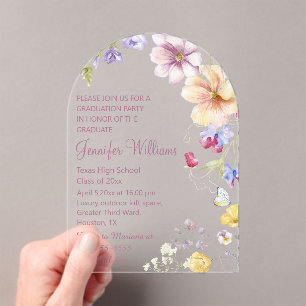 watercolor wildflowers pink script graduation acrylic invitations