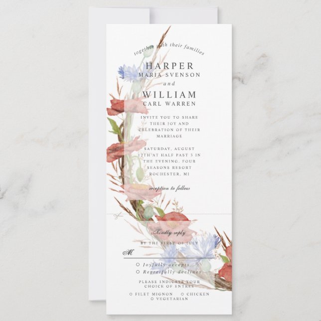 watercolor wildflowers poppy wedding invite w rsvp (Front)