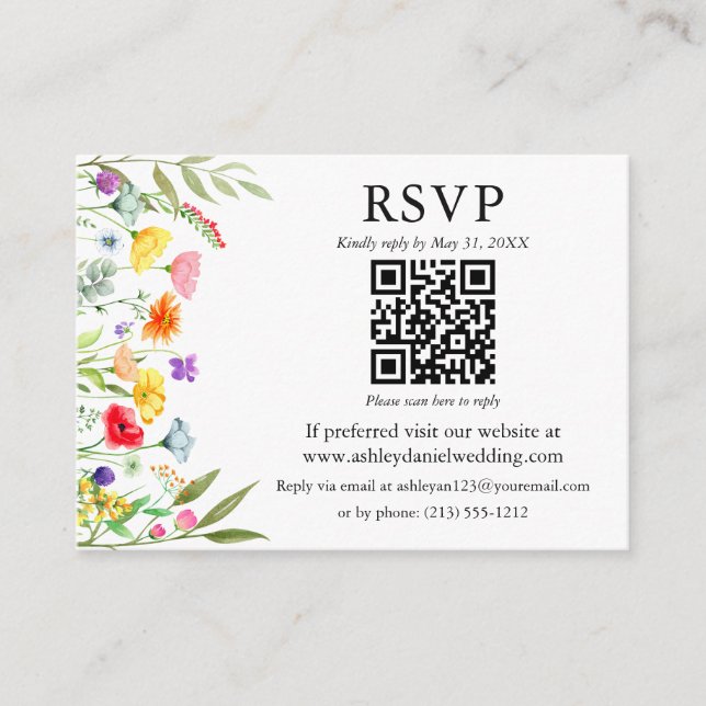 Watercolor Wildflowers QR RSVP Wedding Enclosure Card (Front)